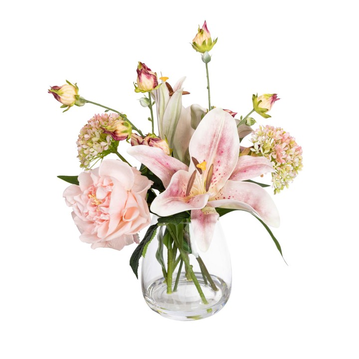 35CM PEONY & LILY ARRANGEMENT IN GLASS