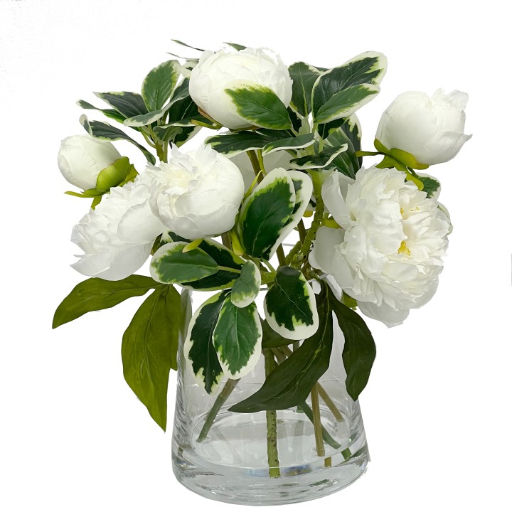 36CM PEONY & ROSE MIXED ARRANGEMENT IN GLASS WHITE
