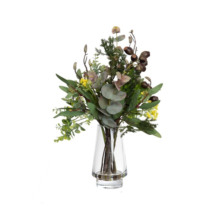 45CM NATIVE FLORAL & JUNIPER MIXED ARRANGEMENT IN GLASS
