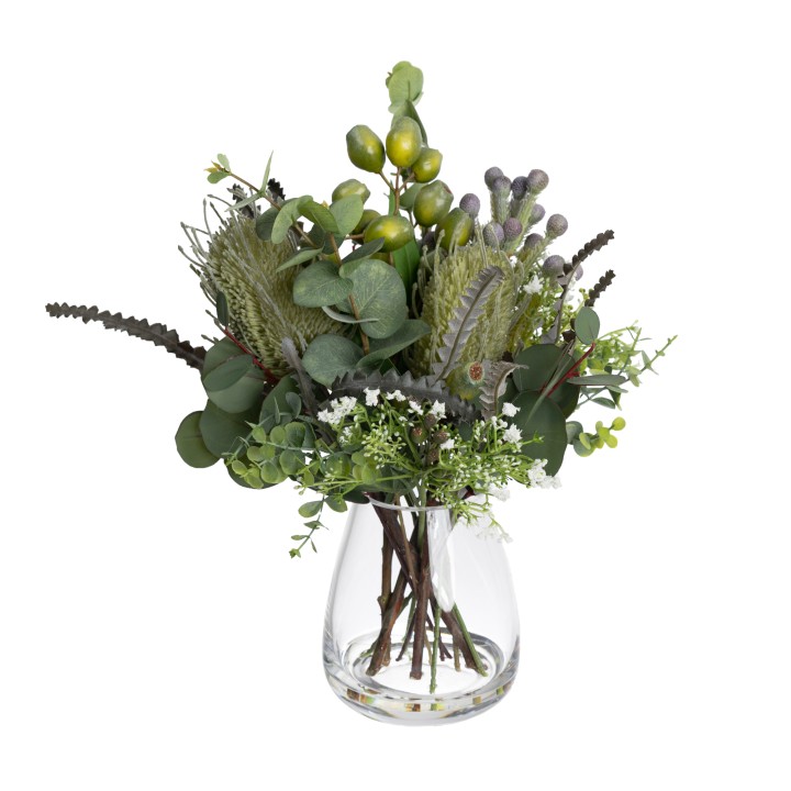 45CM GUMNUT NATIVE ARRANGEMENT IN GLASS