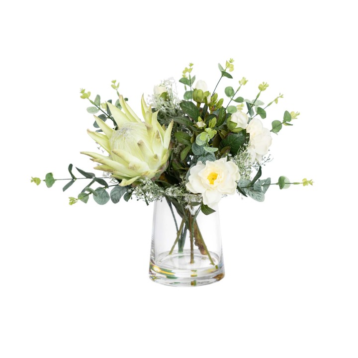 40CM PROTEA & ROSE MIXED ARRANGEMENT IN GLASS