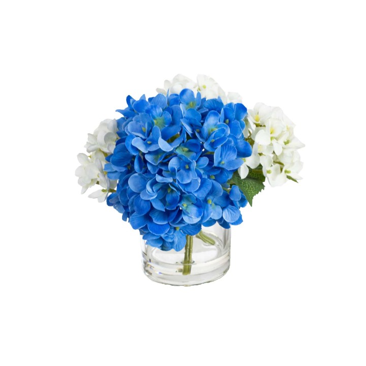 18CM HYDRANGEA MIXED ARRANGEMENT IN GLASS BLUE - LAST 4 PIECES