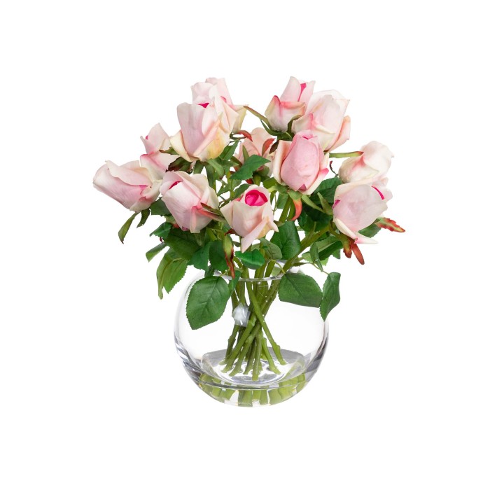 38CM ROSE ARRANGEMENT IN GLASS CREAM PINK