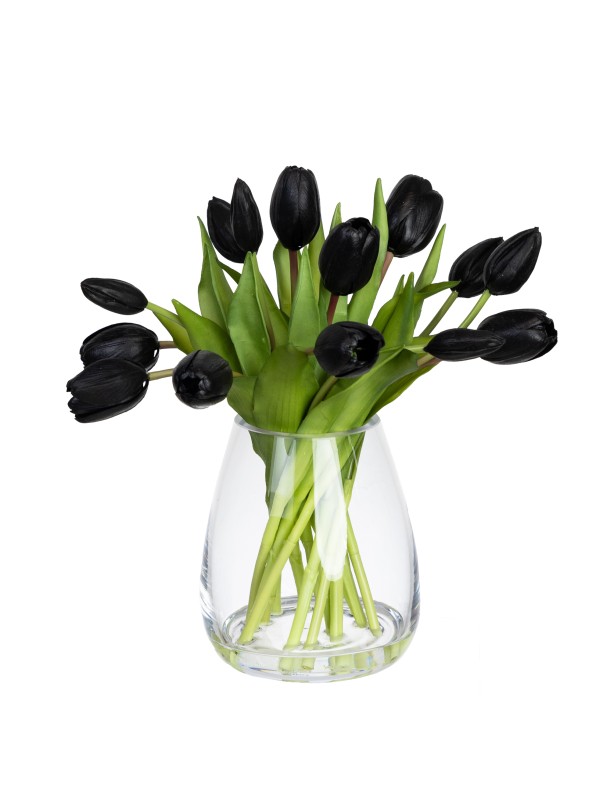 34CM TULIP ARRANGEMENT IN GLASS BLACK
