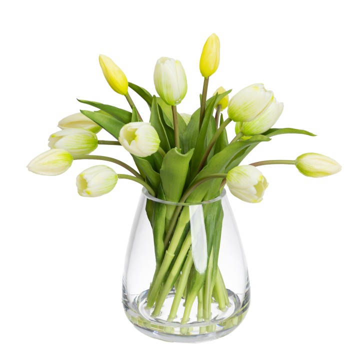 34CM TULIP ARRANGEMENT IN GLASS WHITE