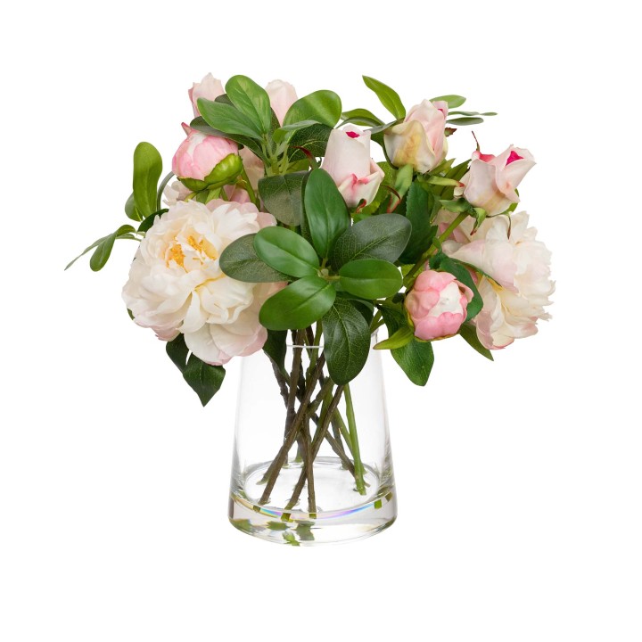 36CM PEONY & ROSE MIXED ARRANGEMENT IN GLASS PINK