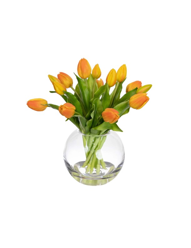 29CM TULIP ARRANGEMENT IN FISHBOWL VASE ORANGE