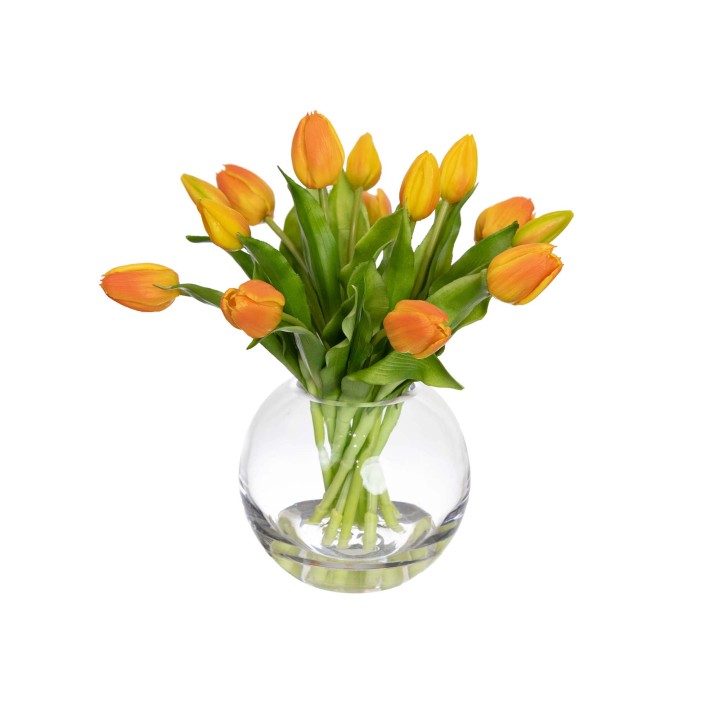 29CM TULIP ARRANGEMENT IN FISHBOWL VASE ORANGE
