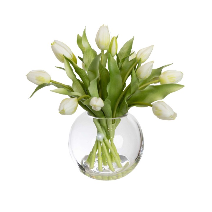 29CM TULIP ARRANGEMENT IN FISHBOWL VASE WHITE
