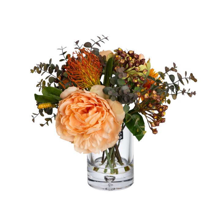 40CM PEONY & BANKSIA MIXED ARRANGEMENT IN GLASS PEACH