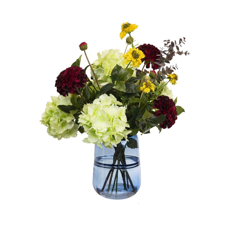56CM HYDRANGEA & DAHLIA MIXED ARRANGEMENT IN GLASS