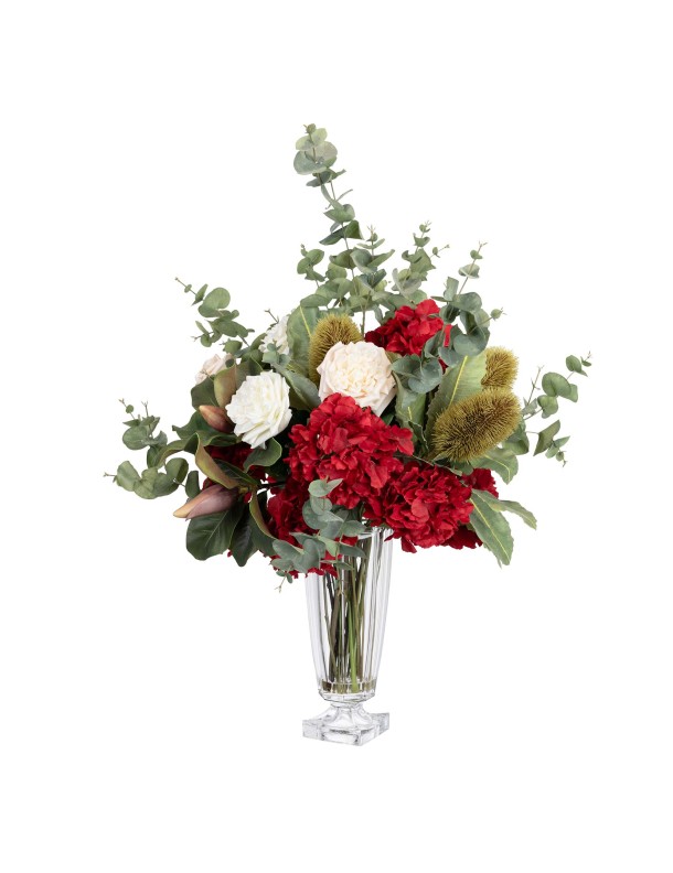 105CM HYDRANGEA & ROSE MIXED ARRANGEMENT IN GLASS