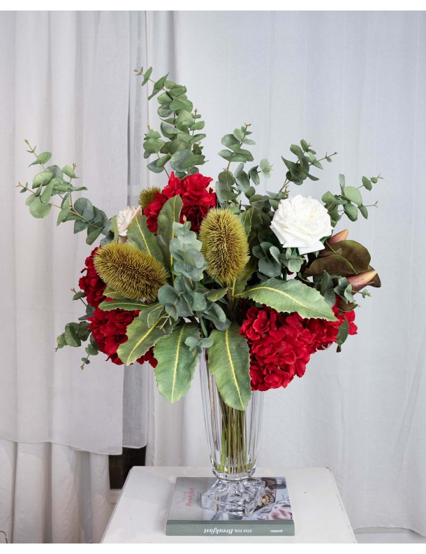 105CM HYDRANGEA & ROSE MIXED ARRANGEMENT IN GLASS