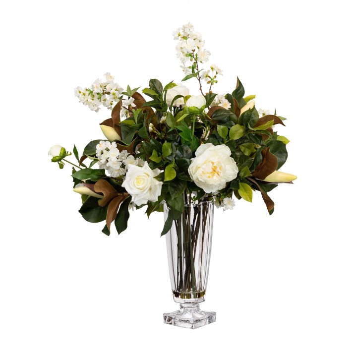 90CM PEONY & BLOSSOM MIXED ARRANGEMENT IN GLASS