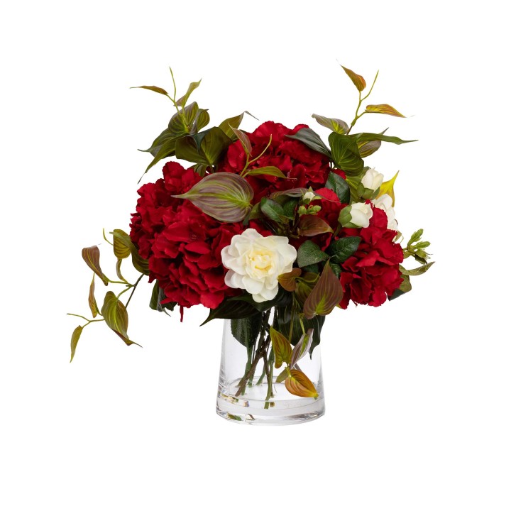 45CM HYDRANGEA & GARDENIA MIXED ARRANGEMENT IN GLASS
