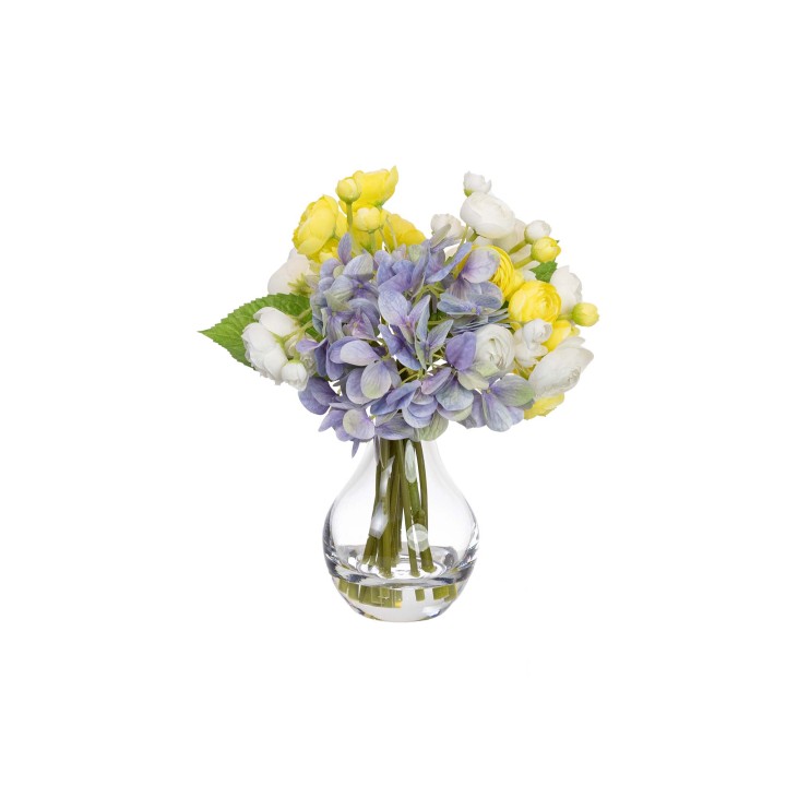 28CM HYDRANGEA MIXED ARRANGEMENT IN GLASS BLUE