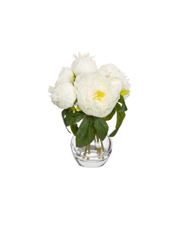 30CM PEONY ARRANGEMENT IN GLASS WHITE