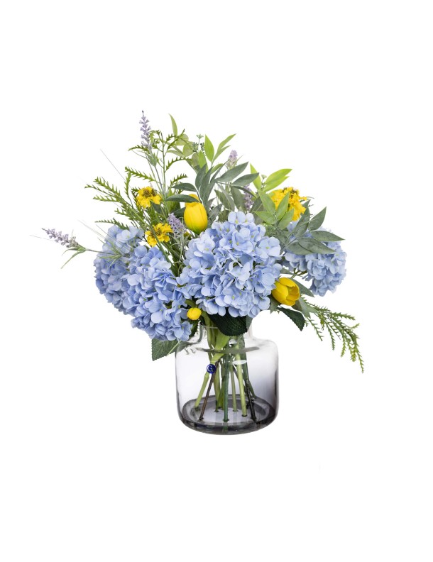 52CM HYDRANGEA & TULIP MIXED ARRANGEMENT IN GLASS