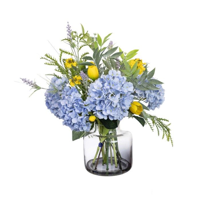 52CM HYDRANGEA & TULIP MIXED ARRANGEMENT IN GLASS