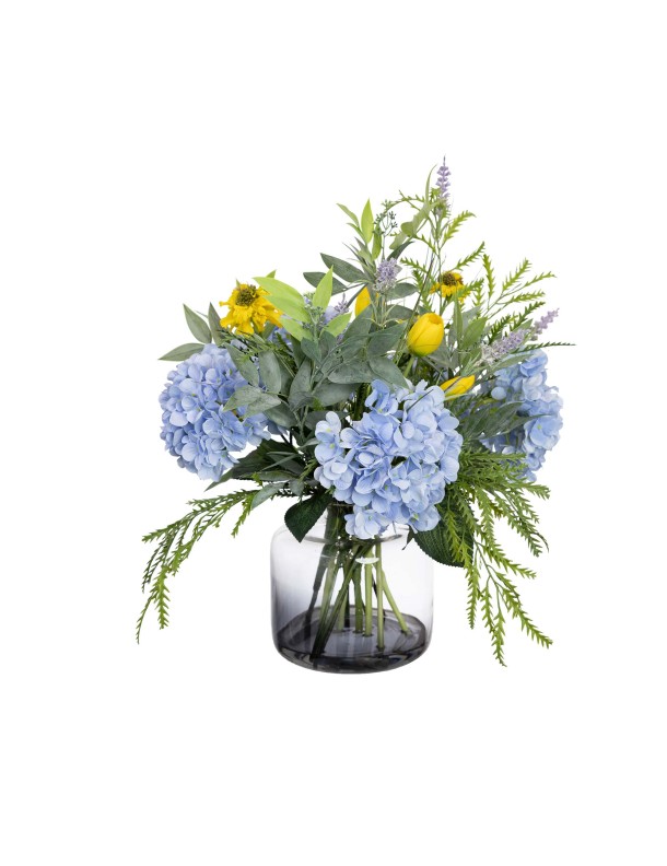 52CM HYDRANGEA & TULIP MIXED ARRANGEMENT IN GLASS
