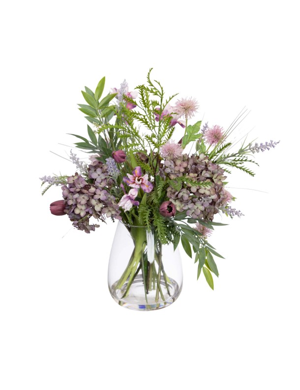 54CM HYDRANGEA & LAVENDER MIXED ARRANGEMENT IN GLASS