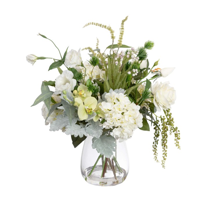 60CM HYDRANGEA & ROSE MIXED ARRANGEMENT IN GLASS