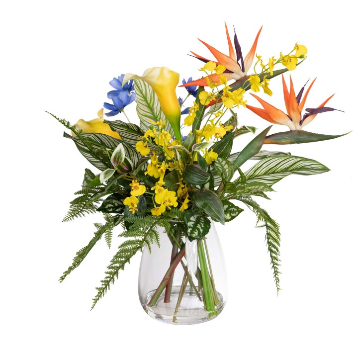 60CM TROPICAL MIXED ARRANGEMENT IN GLASS