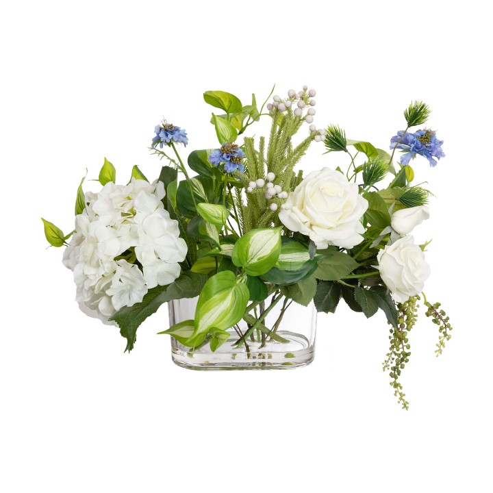 46CM HYDRANGEA & ROSE MIXED ARRANGEMENT IN GLASS