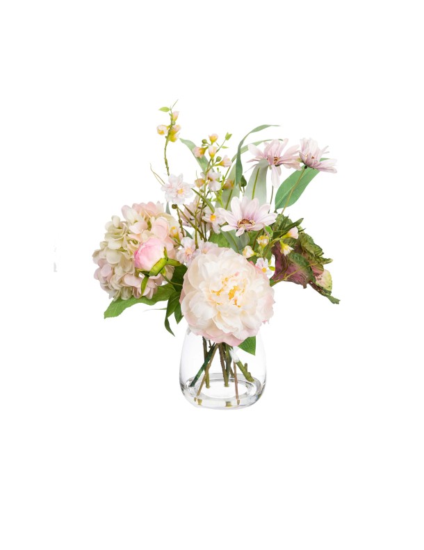48CM HYDRANGEA AND PEONY MIXED ARRANGEMENT IN GLASS